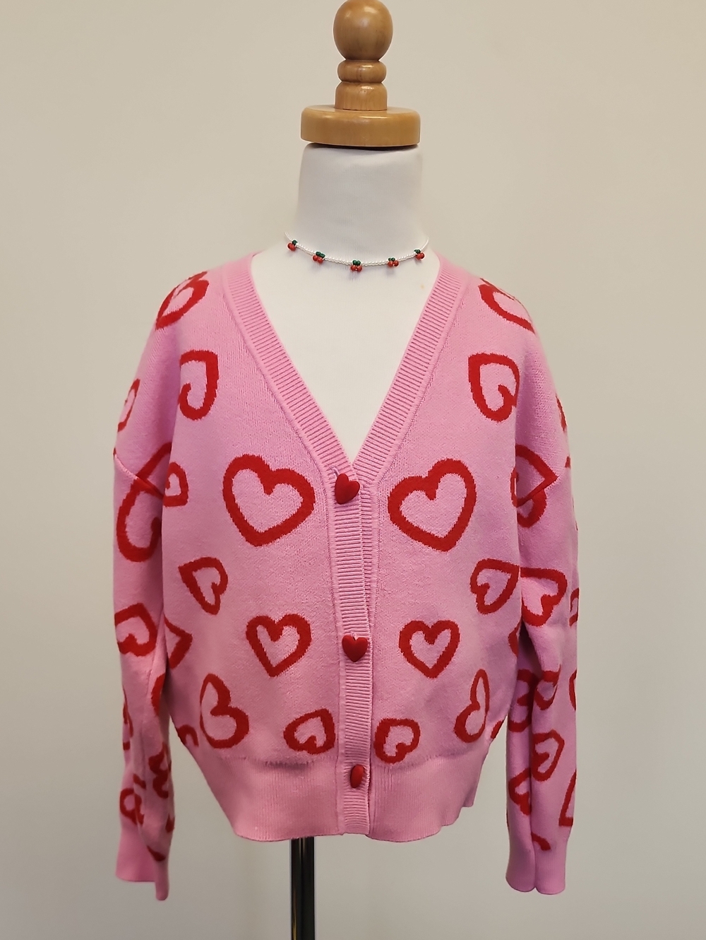 Nik & Leksi Pink Red Heart Cardigan Girls Size Large
